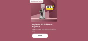 "Iegūstiet 50 € dāvanu kuponu! Iegādājoties EUREKA kafijas dzirnaviņas par 400 € vai vairāk."