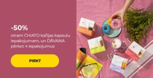 -50% otram CHiATO kafijas kapsulu iepakojumam, un DĀVANA pērkot 4 iepakojumus