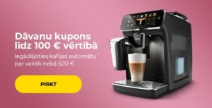 Iegādājoties kafijas automātu par vairāk nekā 500 €, dāvanā saņemsiet dāvanu kuponu līdz 100 € vērtībā.