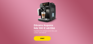 Iegādājoties kafijas automātu par vairāk nekā 500 €, dāvanā saņemsiet dāvanu kuponu līdz 100 € vērtībā.