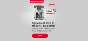 Saņemiet 200 € dāvanu kuponu! Pērkot JURA E8 Moonlight Silver kafijas automātu