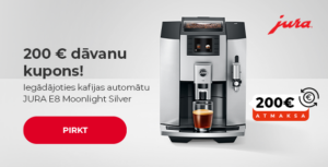 "200 € dāvanu kupons! Iegādājoties kafijas automātu JURA E8 Moonlight Silver"