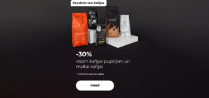 -30% visām kafijas pupiņām un maltai kafijai